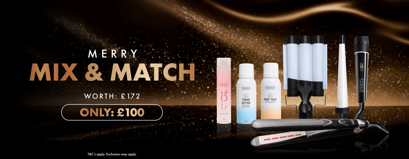 Hair care product set with 'Merry Mix & Match' offer on a dark background